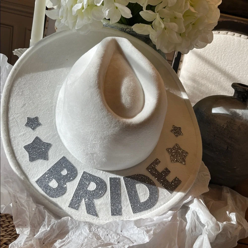 White Bride Party Hat with Sparkling Silver Accents NWT